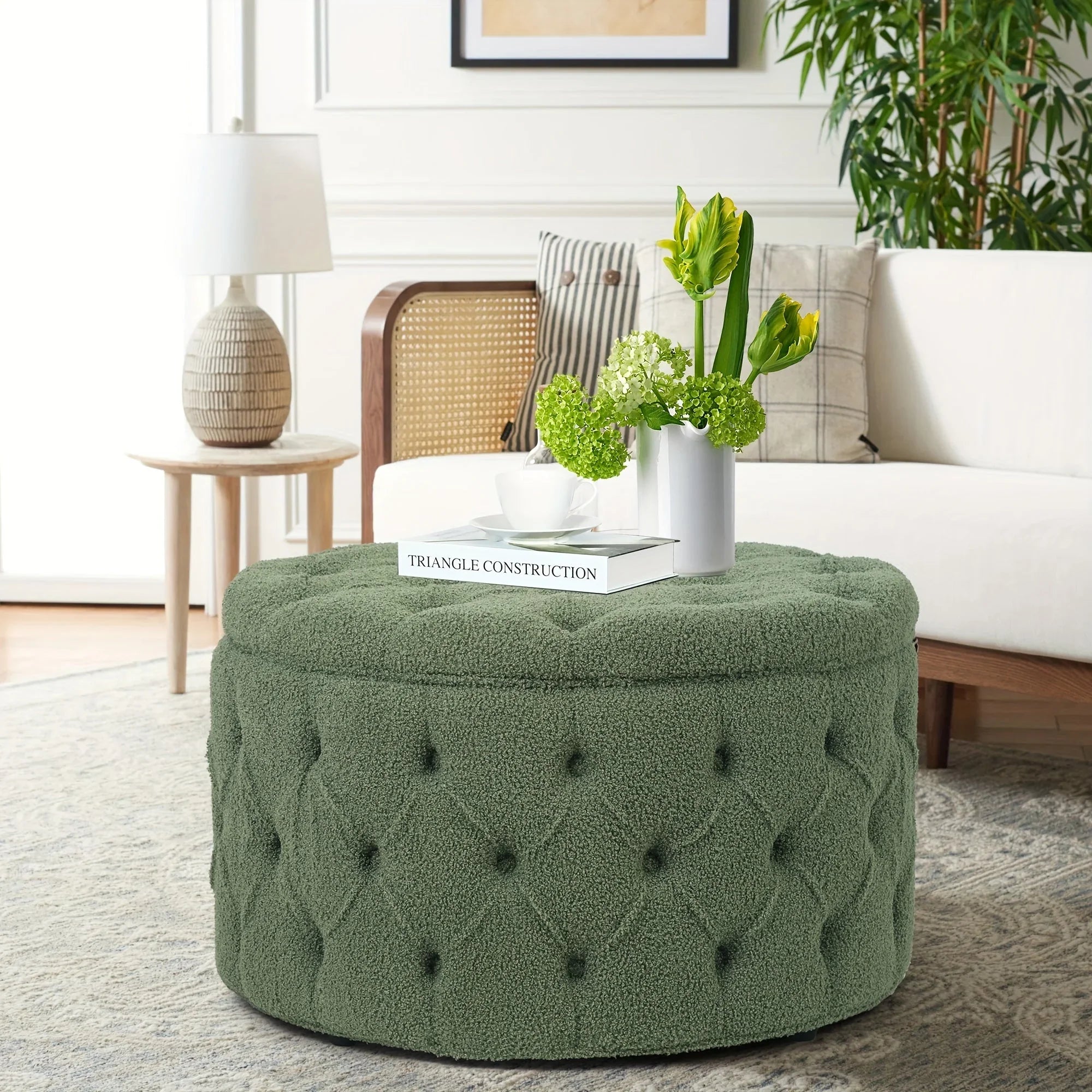 Round Storage Ottoman, Button Tufted Upholstered Ottoman with Removable Top, Storage Bench Coffee Table Footrest Stool for Living Room Bedroom Entryway House Of Avana