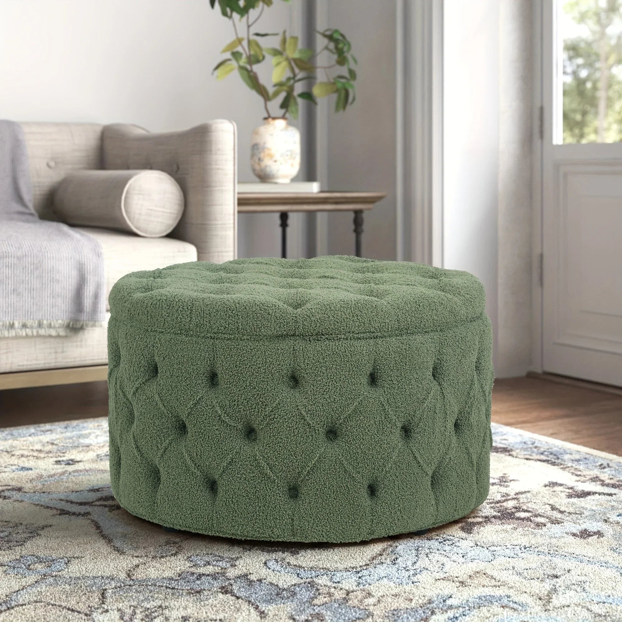 Round Storage Ottoman, Button Tufted Upholstered Ottoman with Removable Top, Storage Bench Coffee Table Footrest Stool for Living Room Bedroom Entryway House Of Avana