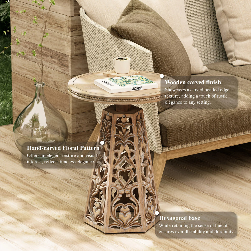 Boho Hand Carved Round Table - Farmhouse Distressed Finish, Small Accent for Living Room/bedroom,... - House Of Avana