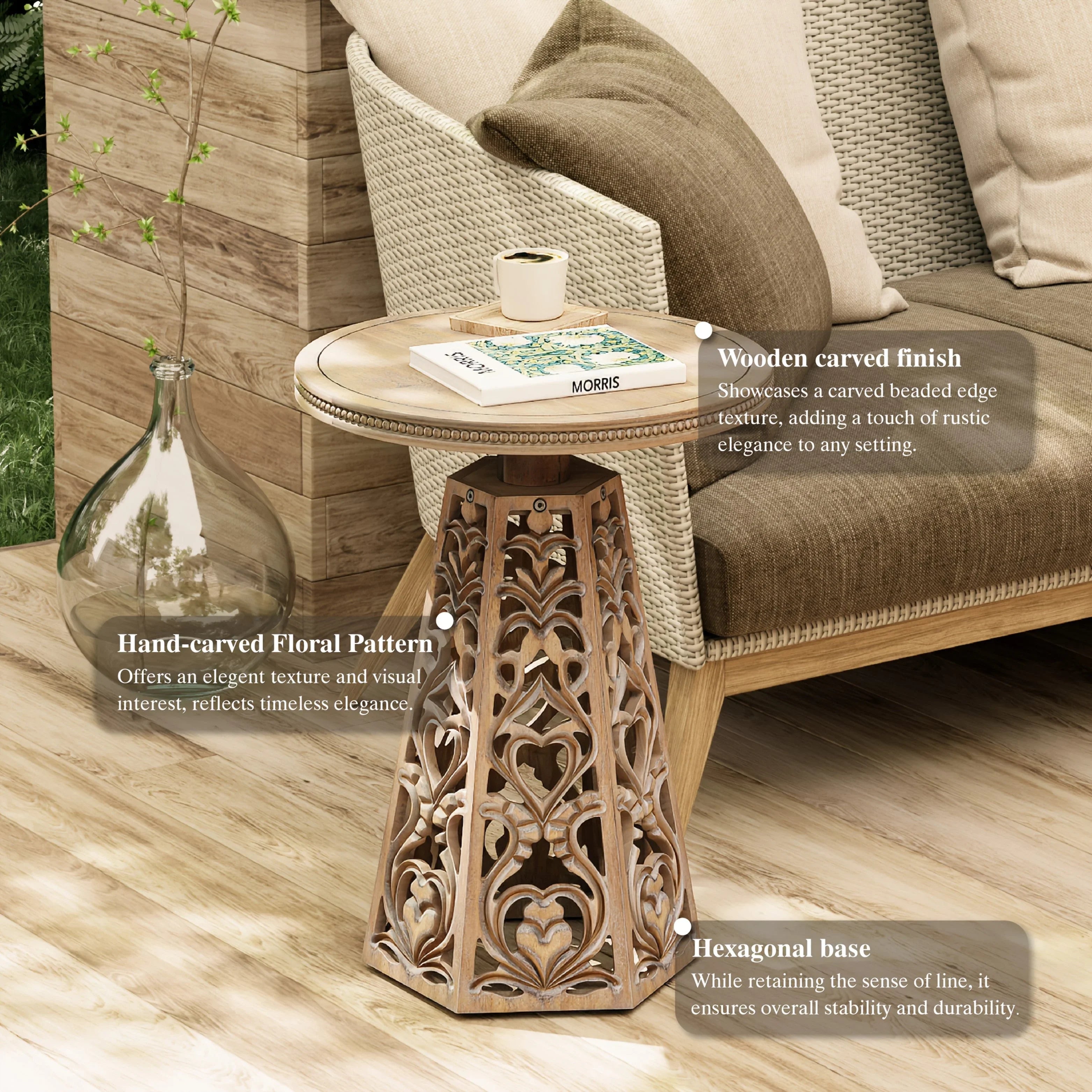 Boho Hand Carved Round Table - Farmhouse Distressed Finish, Small Accent for Living Room/bedroom,... - House Of Avana