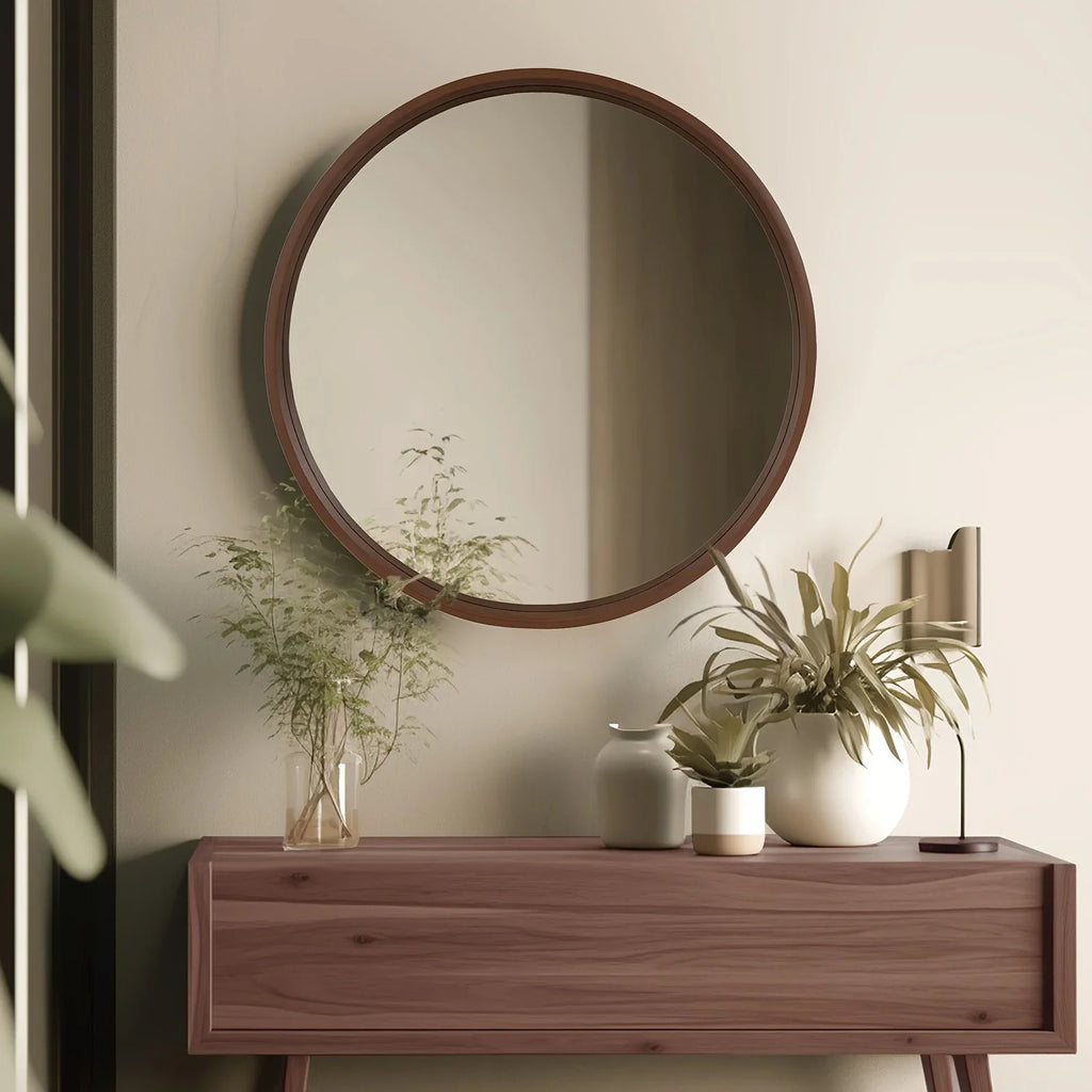 Round Vanity Mirror with Wood Frame - House Of Avana