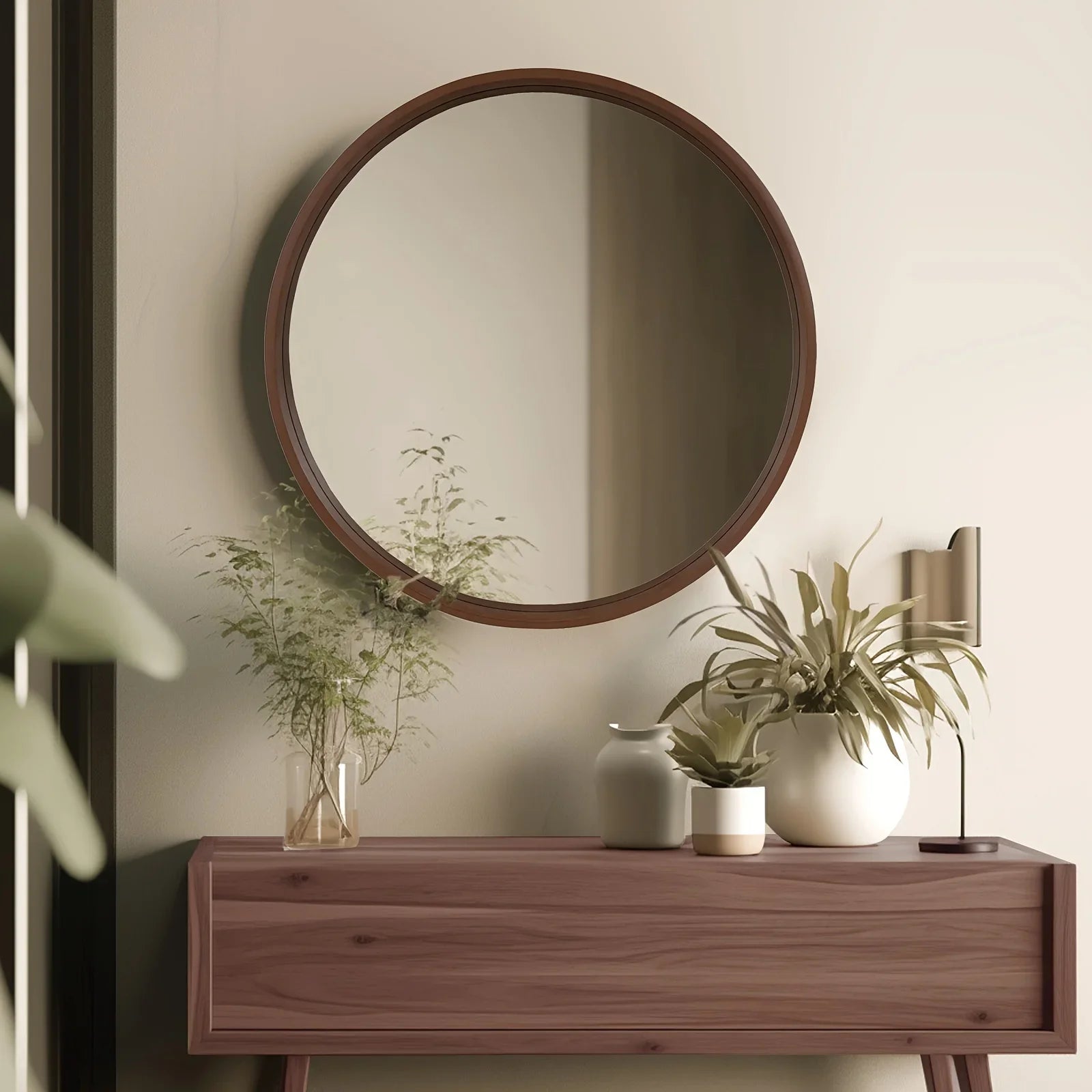 Round Vanity Mirror with Wood Frame - House Of Avana