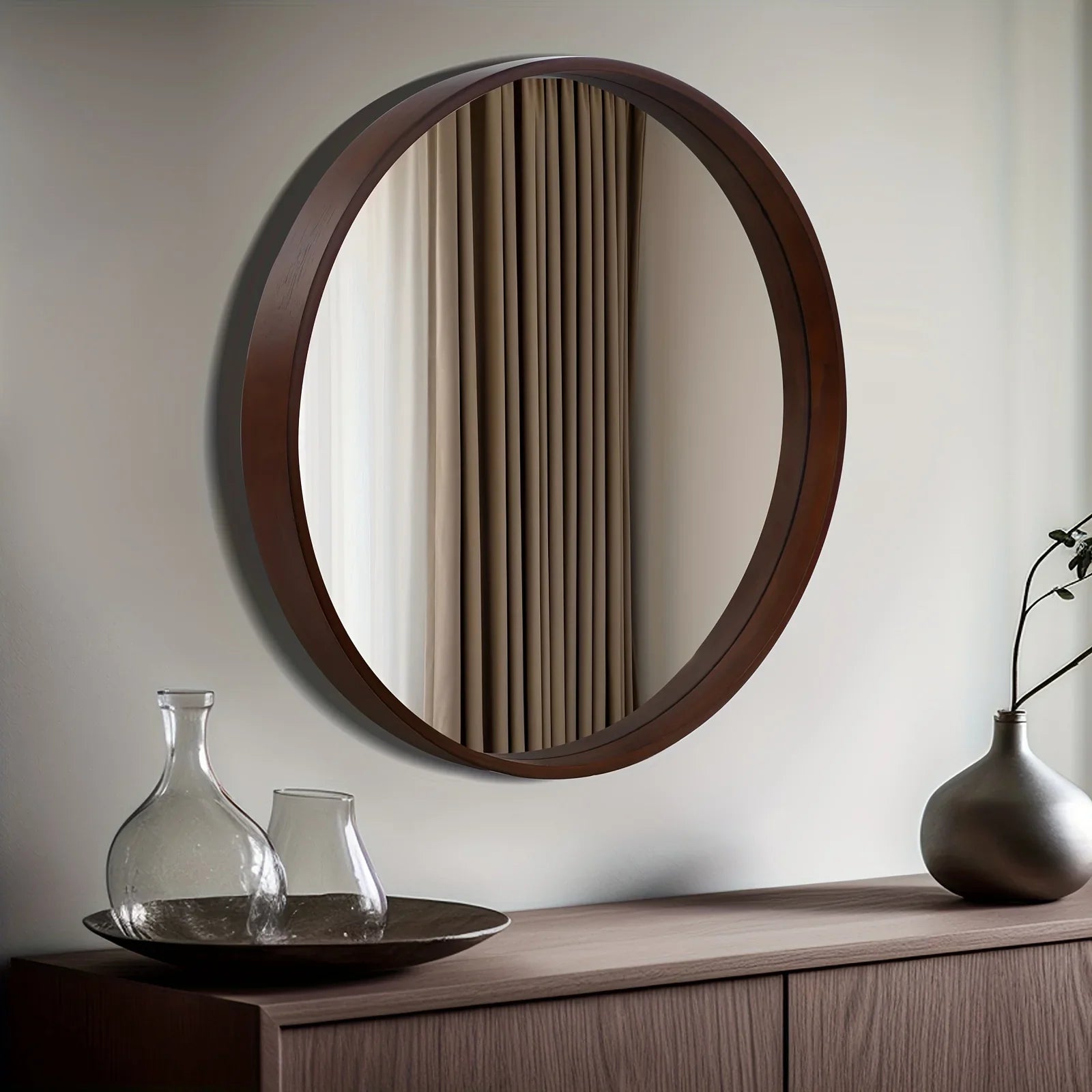 Round Vanity Mirror with Wood Frame - House Of Avana