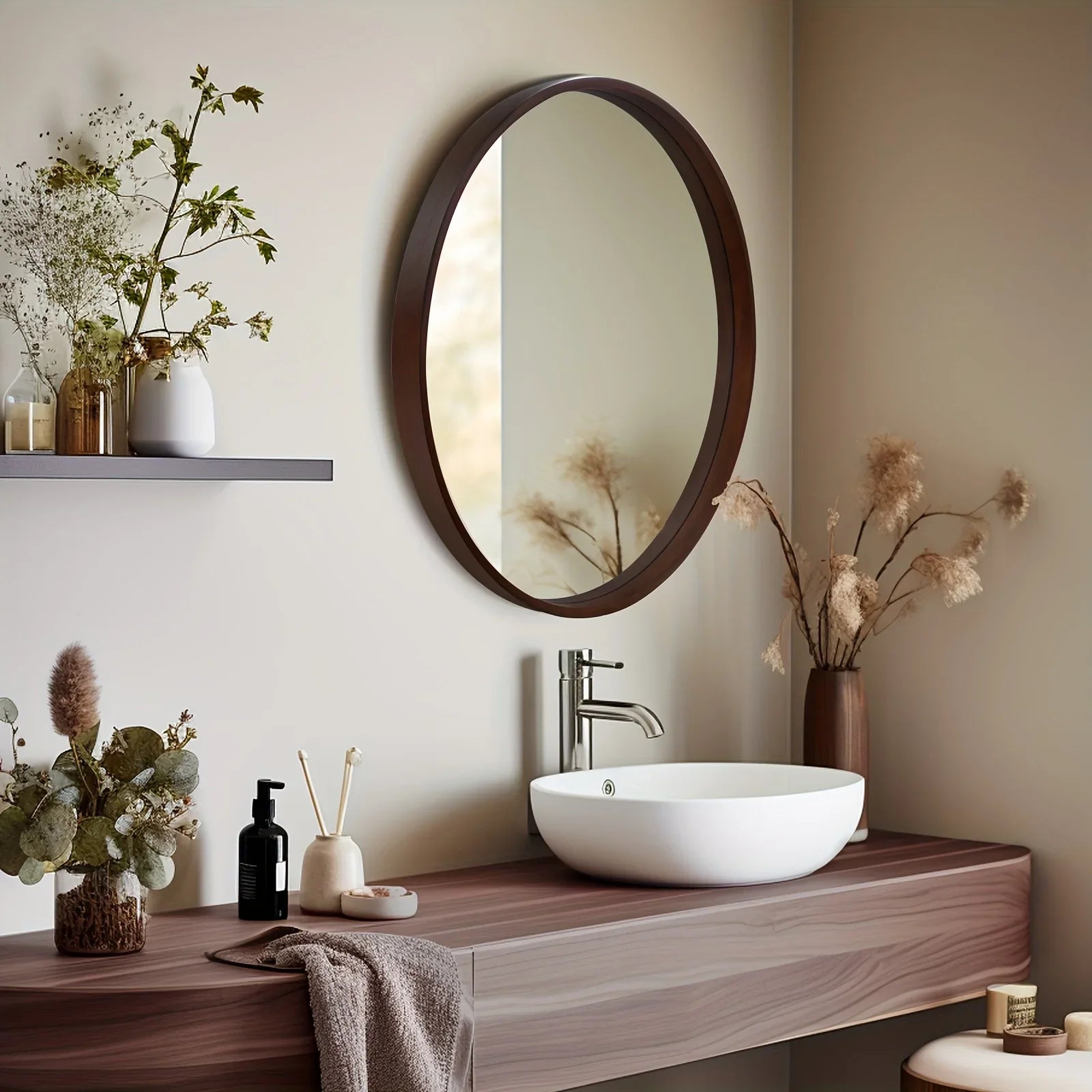 Round Vanity Mirror with Wood Frame - House Of Avana
