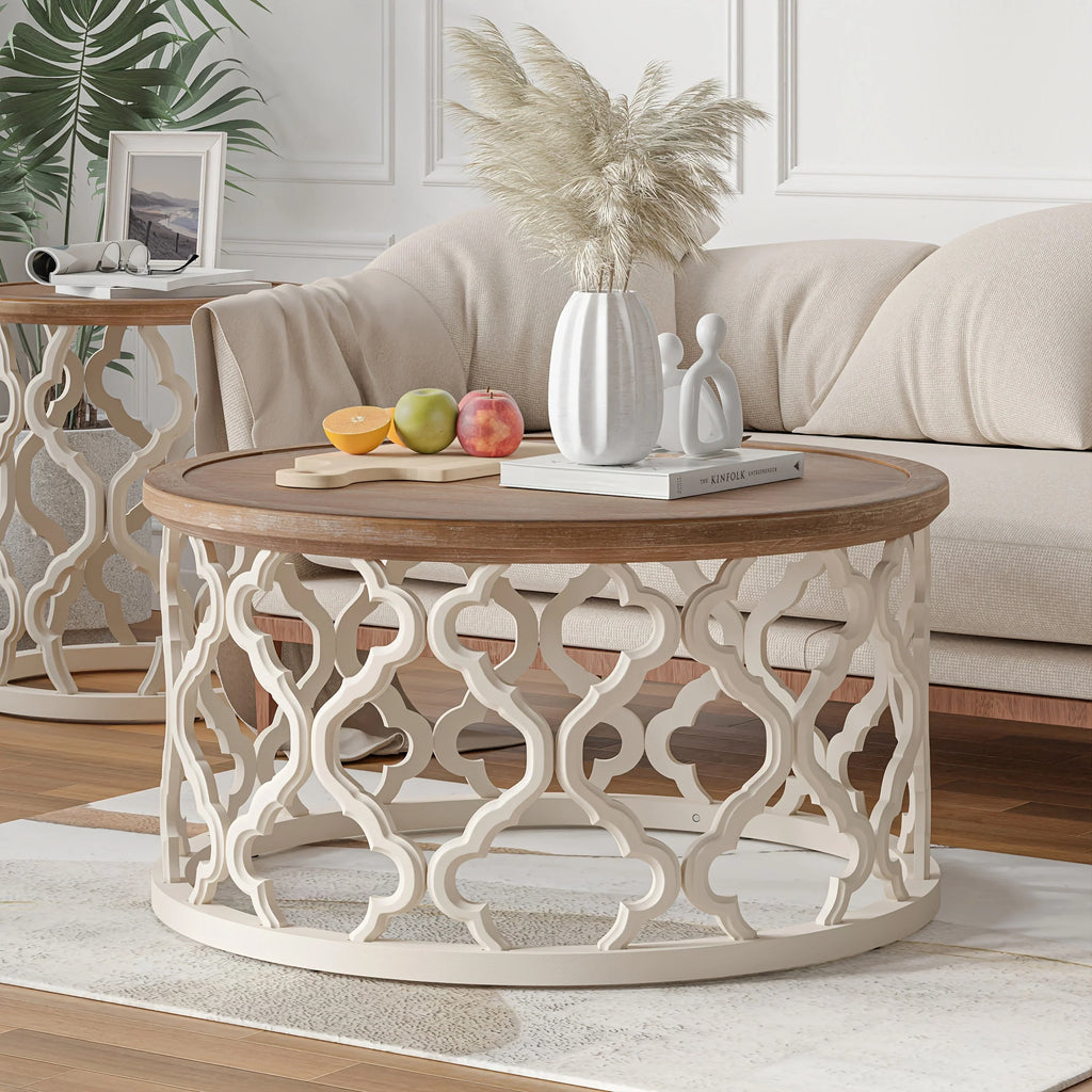 Farmhouse Rustic Round White End Table, Coffee Table, Distressed Tray Top Side Table With Curved Motif Frame Base House Of Avana