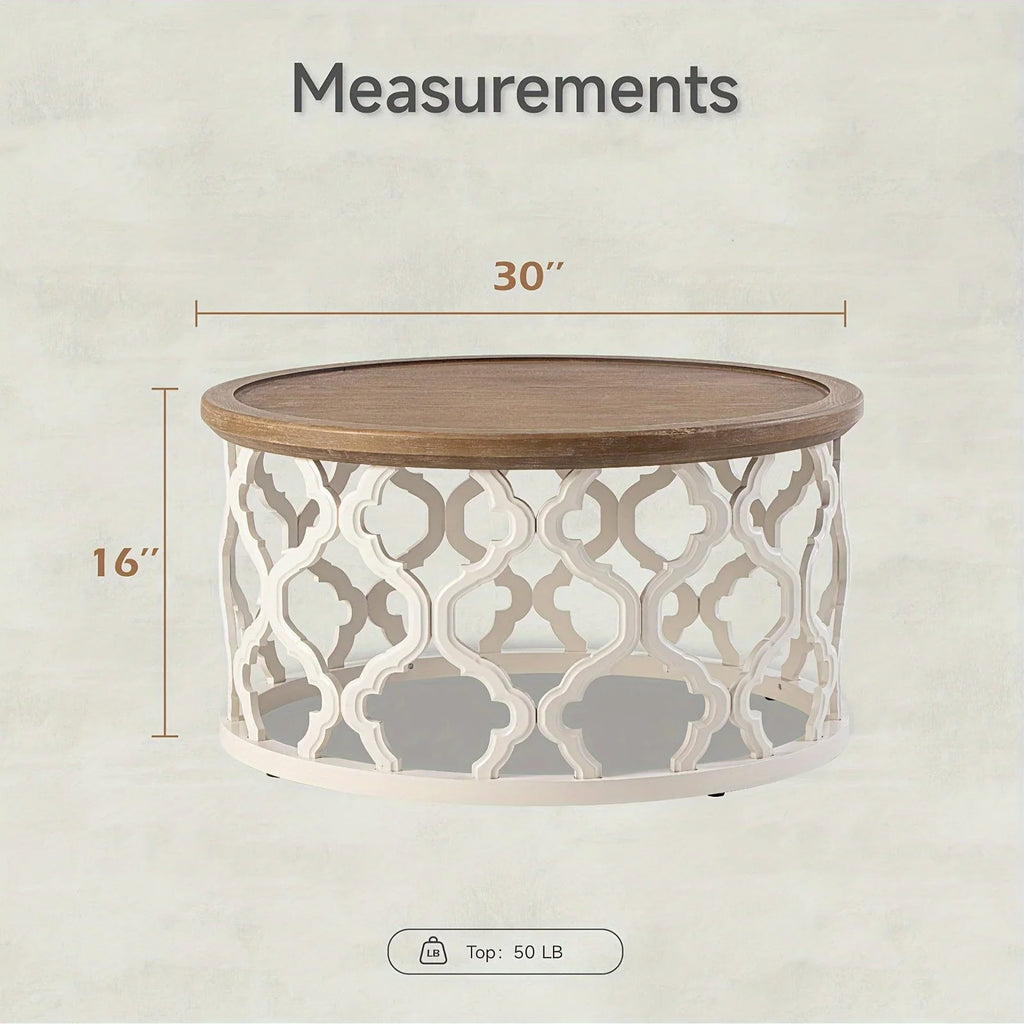 Farmhouse Rustic Round White End Table, Coffee Table, Distressed Tray Top Side Table With Curved Motif Frame Base House Of Avana