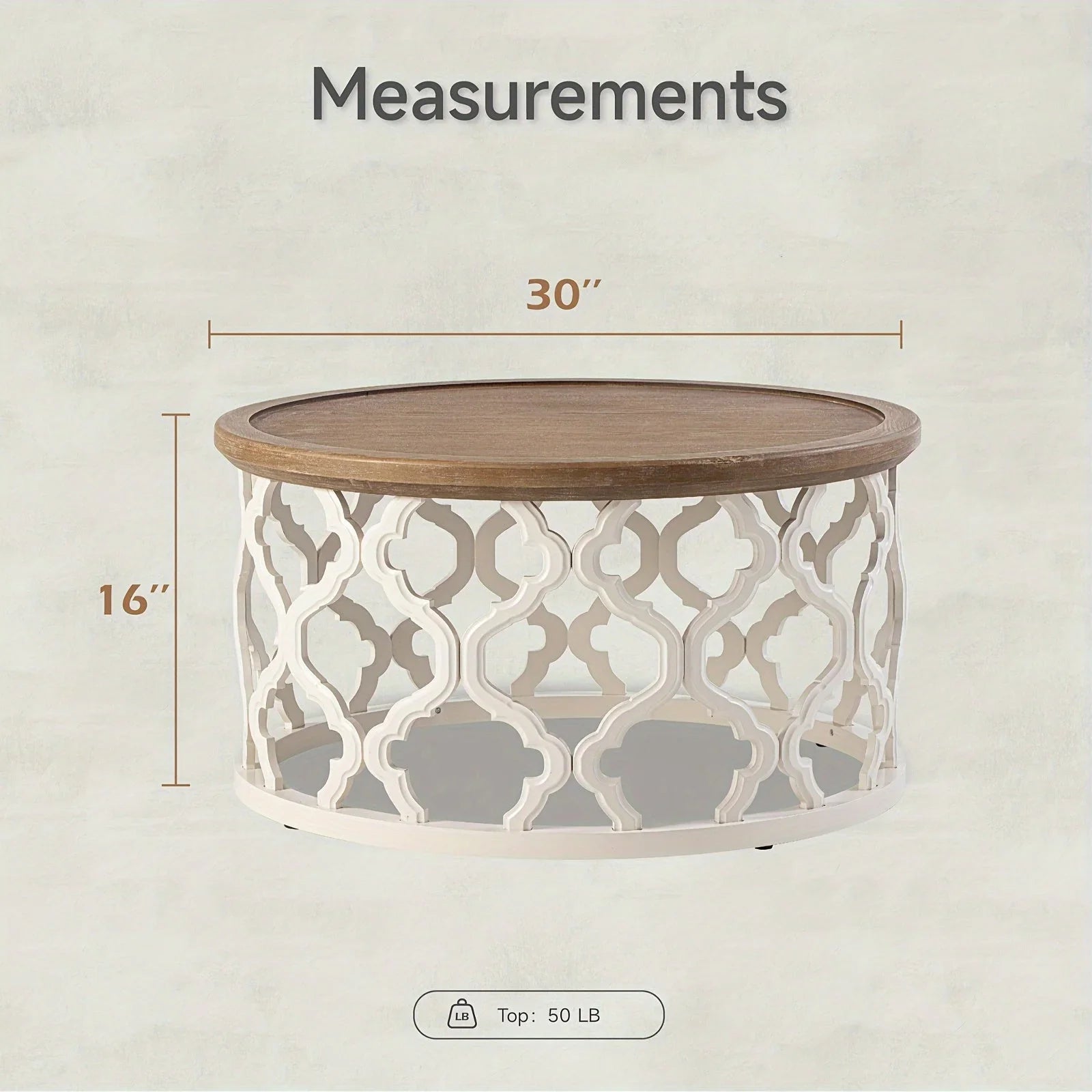 Farmhouse Rustic Round White End Table, Coffee Table, Distressed Tray Top Side Table With Curved Motif Frame Base House Of Avana