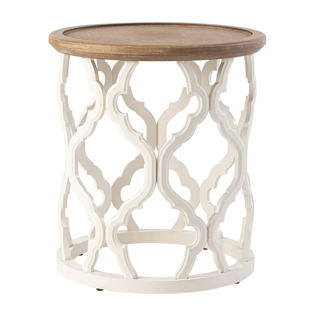 Farmhouse Rustic Round White End Table, Coffee Table, Distressed Tray Top Side Table With Curved Motif Frame Base House Of Avana