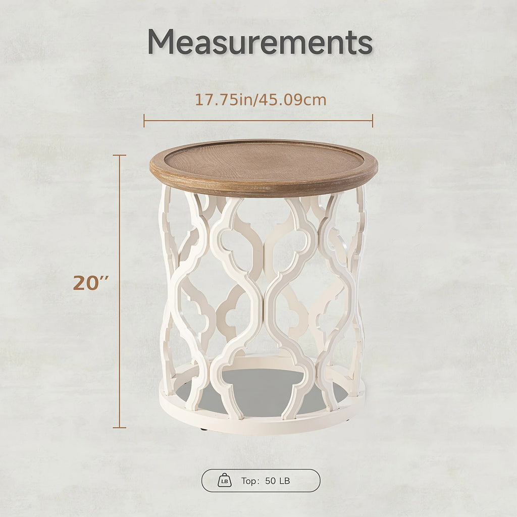 Farmhouse Rustic Round White End Table, Coffee Table, Distressed Tray Top Side Table With Curved Motif Frame Base House Of Avana