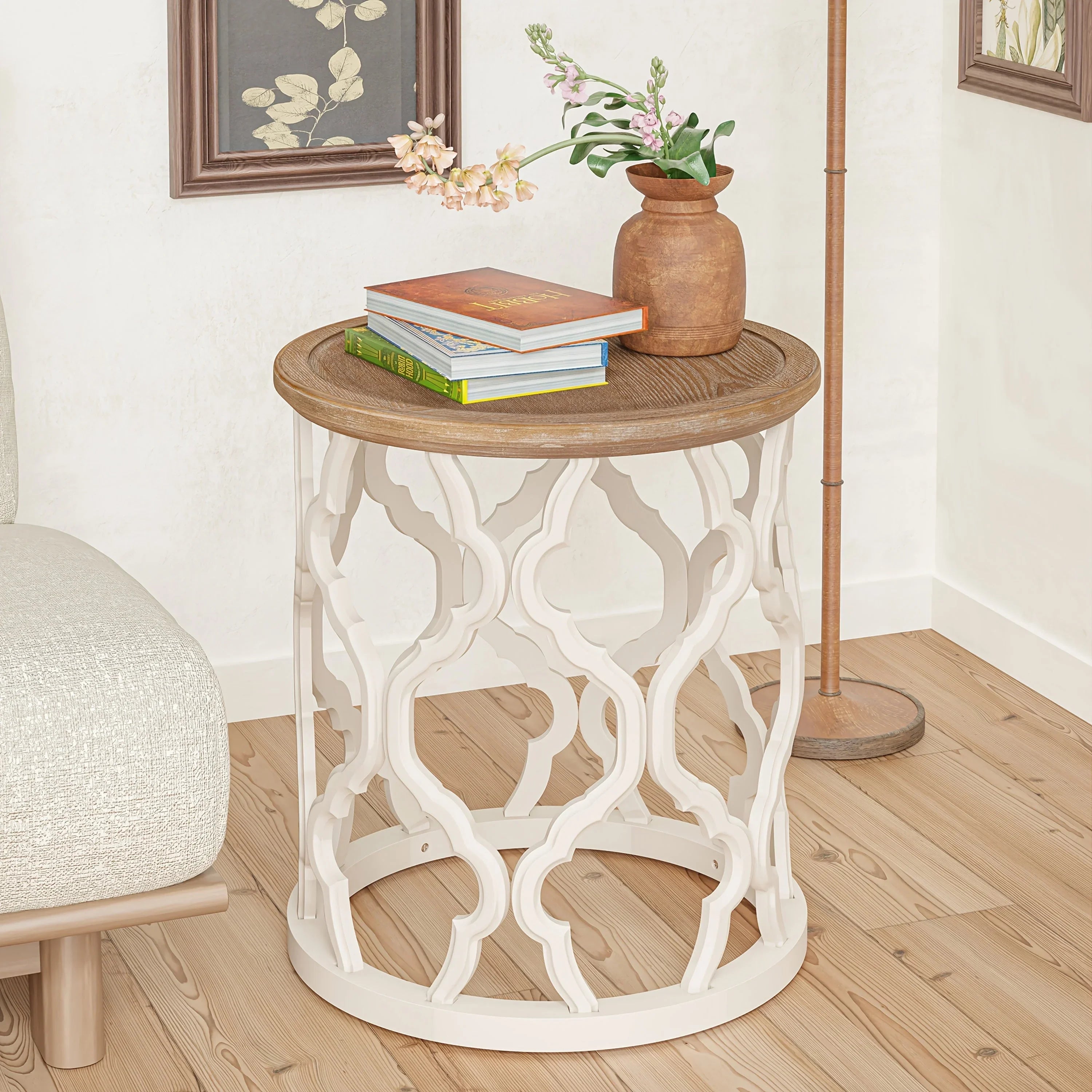 Farmhouse Rustic Round White End Table, Coffee Table, Distressed Tray Top Side Table With Curved Motif Frame Base House Of Avana