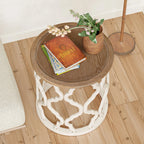 Farmhouse Rustic Round White End Table, Coffee Table, Distressed Tray Top Side Table With Curved Motif Frame Base House Of Avana