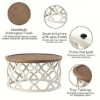 Farmhouse Rustic Round White End Table, Coffee Table, Distressed Tray Top Side Table With Curved Motif Frame Base House Of Avana