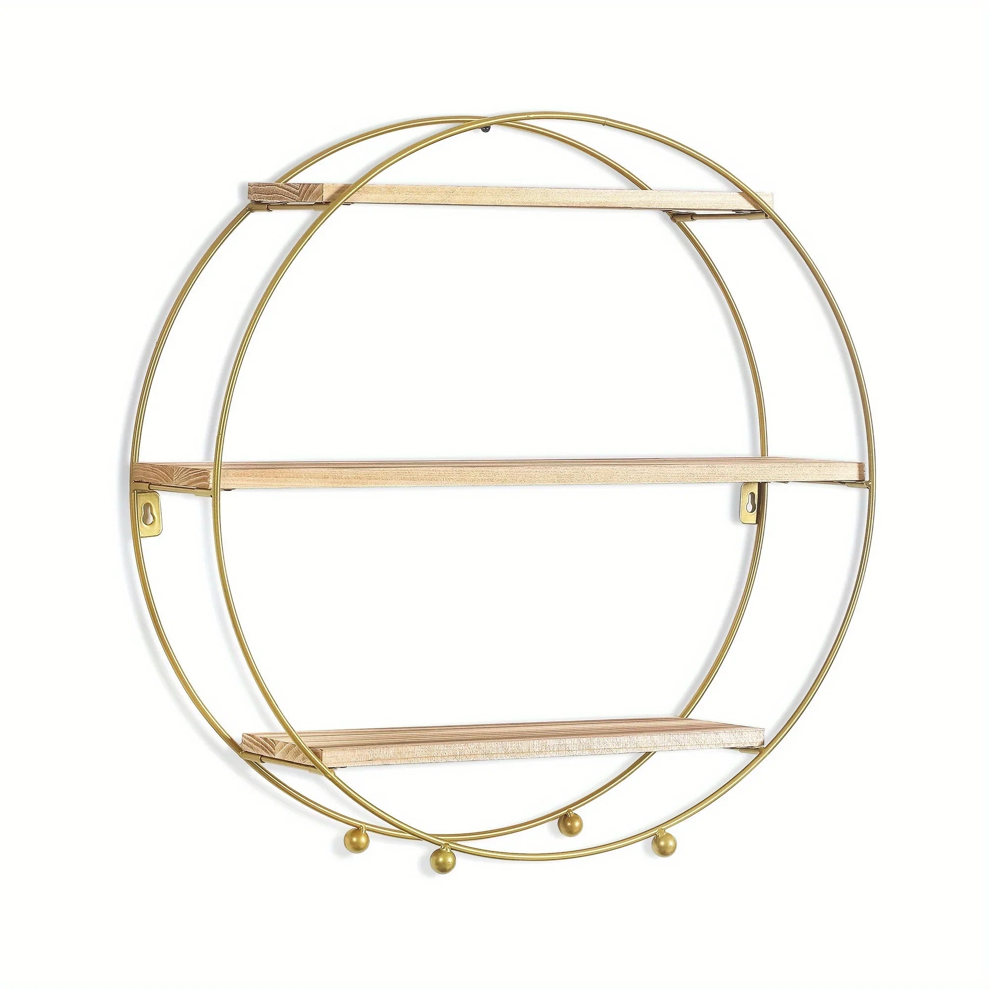 Brown wood and metal round 3-tier floating shelf, wall mounted - House of Avana