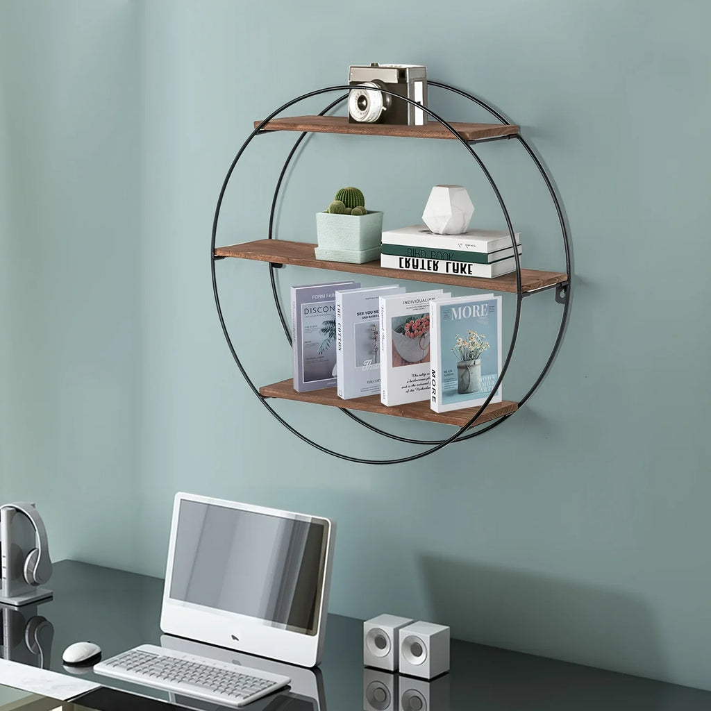 Brown wood and metal round 3-tier floating shelf, wall mounted - House of Avana
