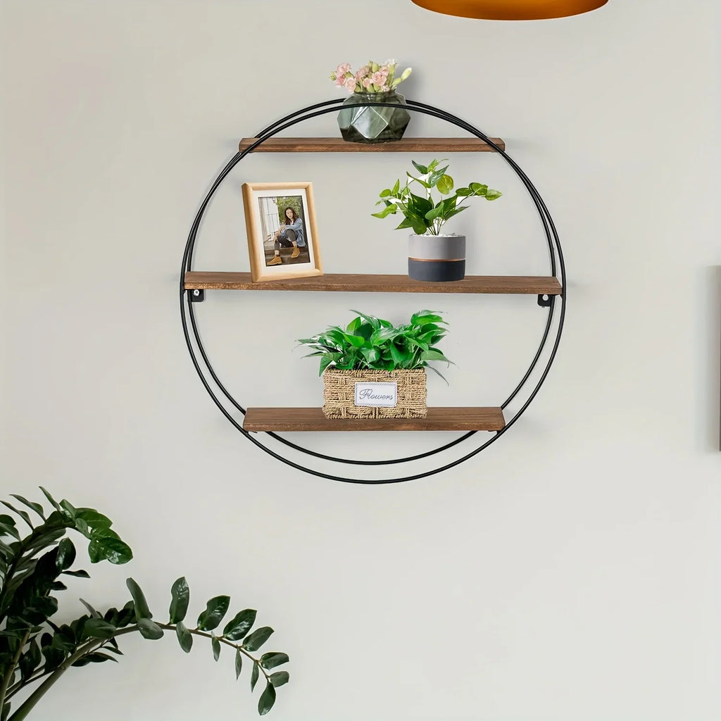 Brown wood and metal round 3-tier floating shelf, wall mounted - House of Avana