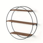 Brown wood and metal round 3-tier floating shelf, wall mounted - House of Avana