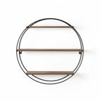 Round wall shelf with four wooden shelves and black metal frame on a white background