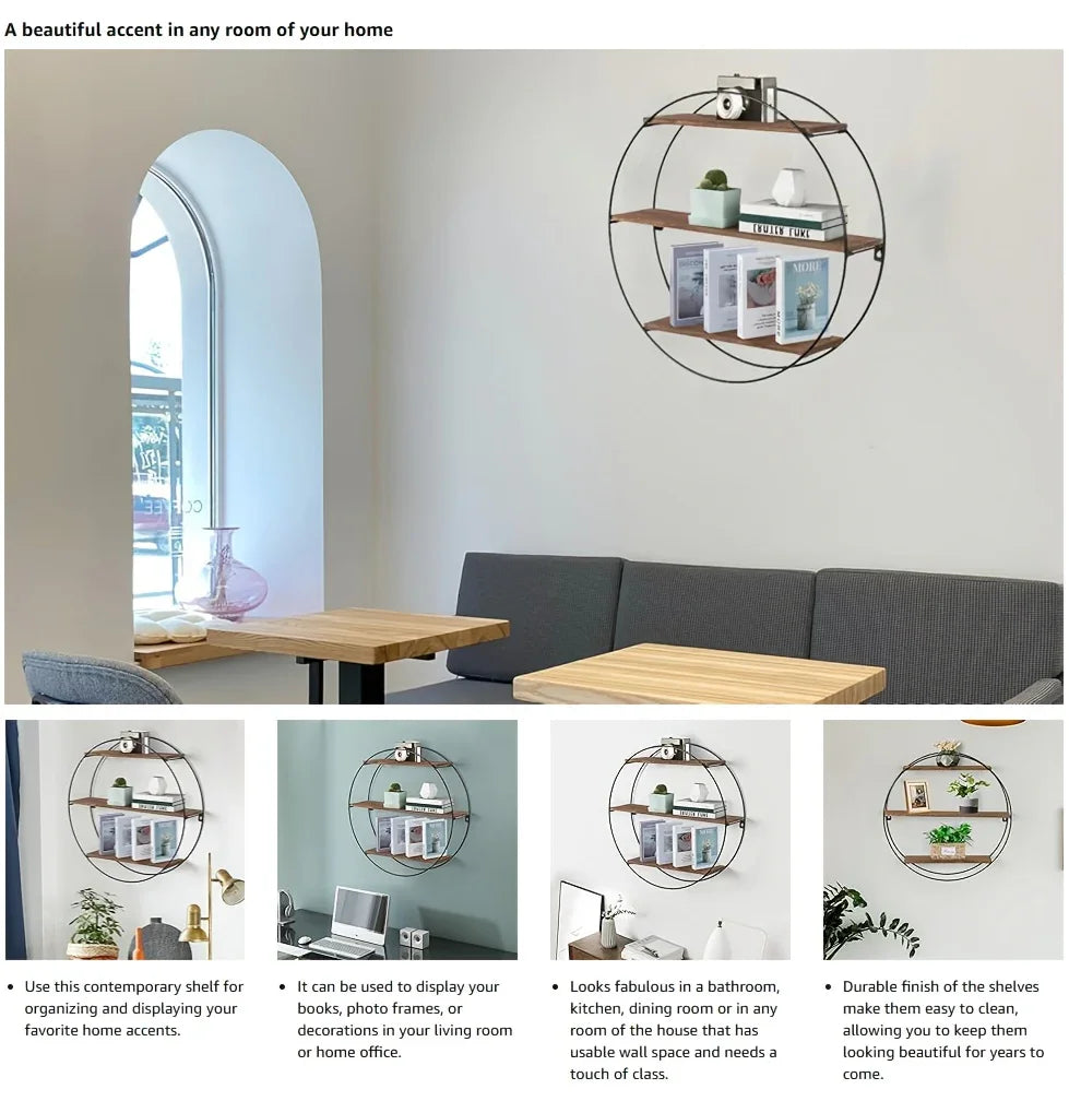 Brown wood and metal round 3-tier floating shelf, wall mounted - House of Avana