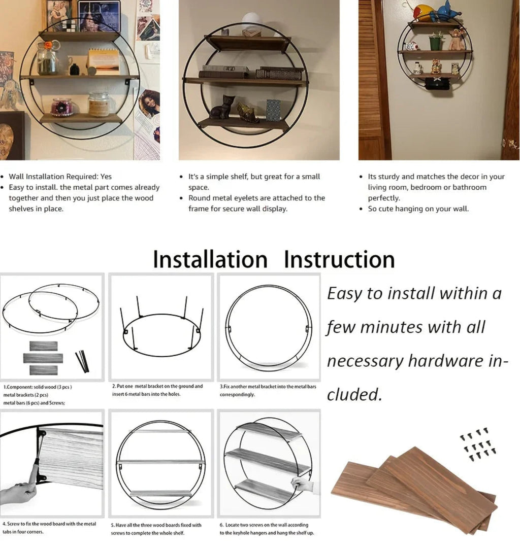 Brown wood and metal round 3-tier floating shelf, wall mounted - House of Avana