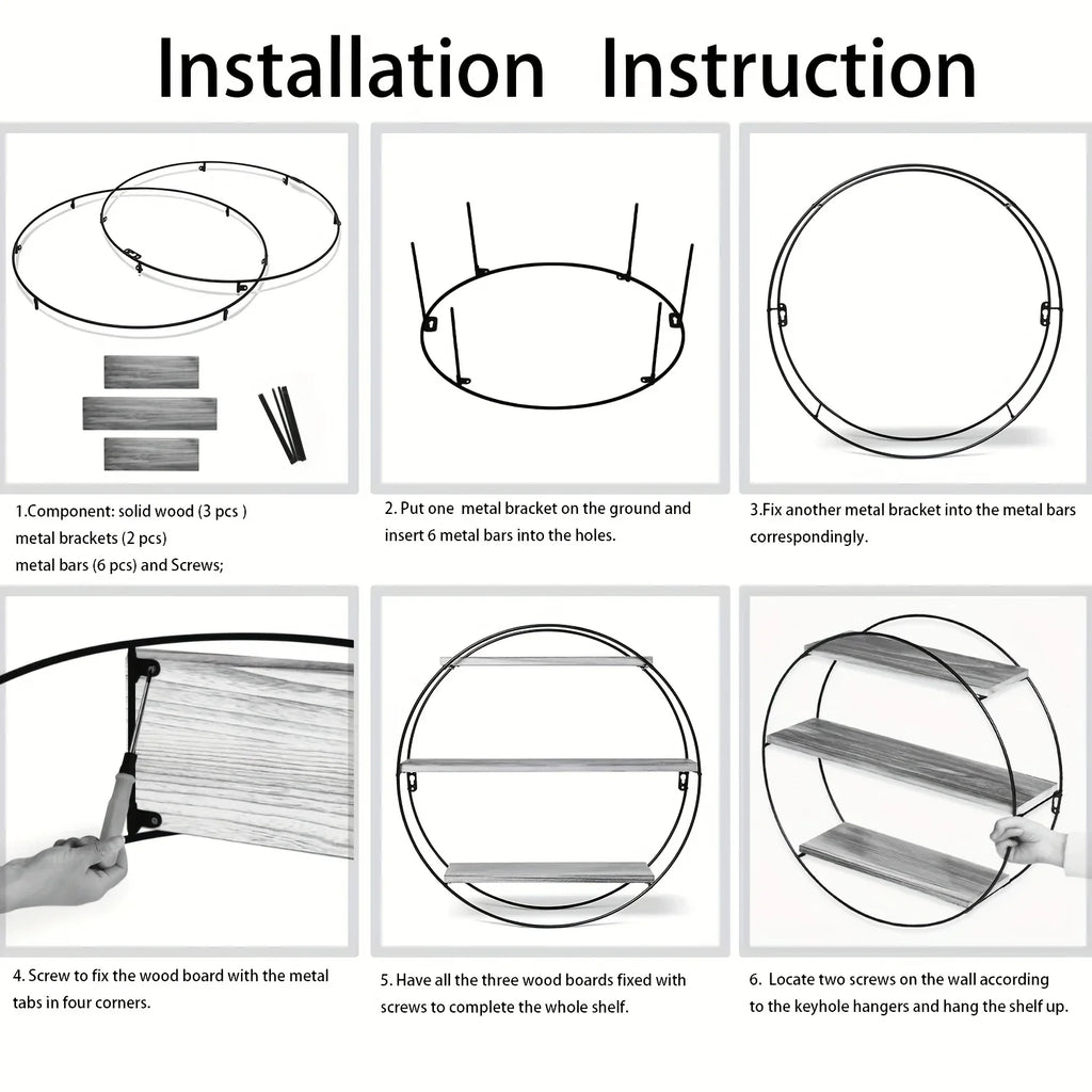 Brown wood and metal round 3-tier floating shelf, wall mounted - House of Avana