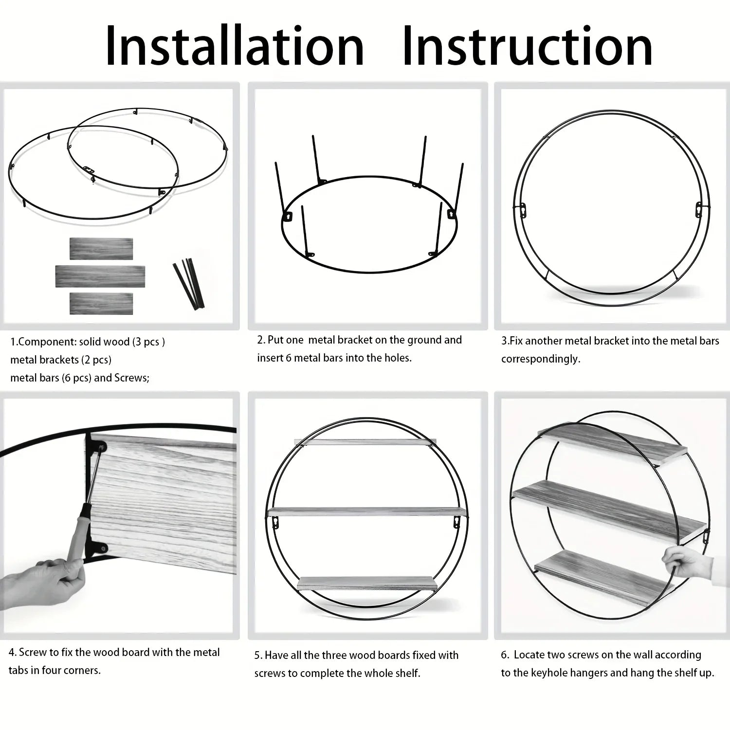 Brown wood and metal round 3-tier floating shelf, wall mounted - House of Avana