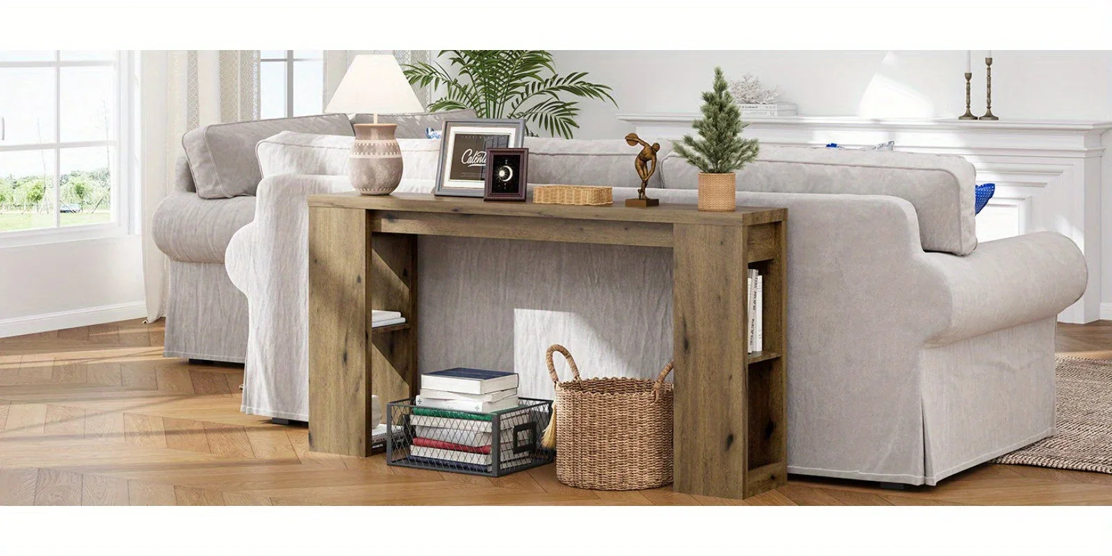 Royalcraft Extra Long 63'' Farmhouse Console Table with Storage - Solid Hardwood Modern Entryway Sofa Table, Tall Narrow Hallway Table with Natural Wood Finish, Easy Assembly for Living Room, Foyer, Behind Couch - Rustic Mode House Of Avana