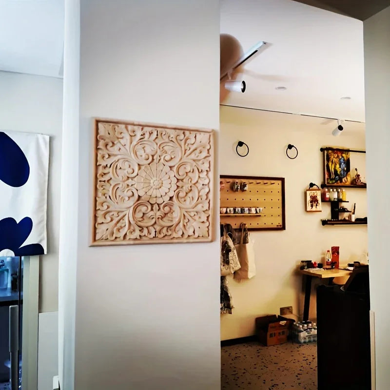 Natural wood square wall art, intricate floral carvings, solid rubberwood - House of Avana