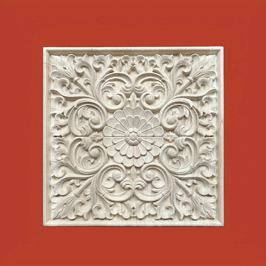 Natural wood square wall art, intricate floral carvings, solid rubberwood - House of Avana