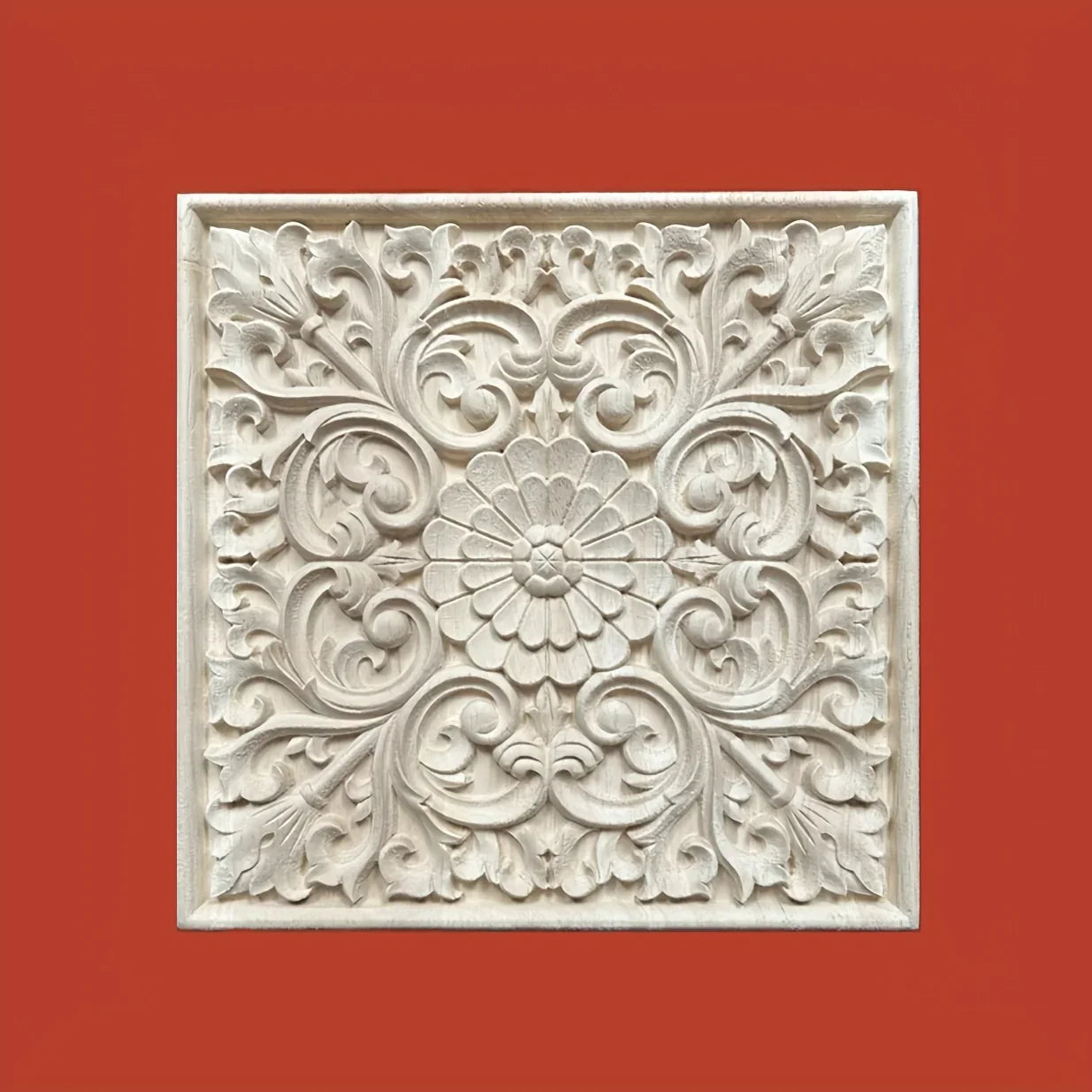 Natural wood square wall art, intricate floral carvings, solid rubberwood - House of Avana