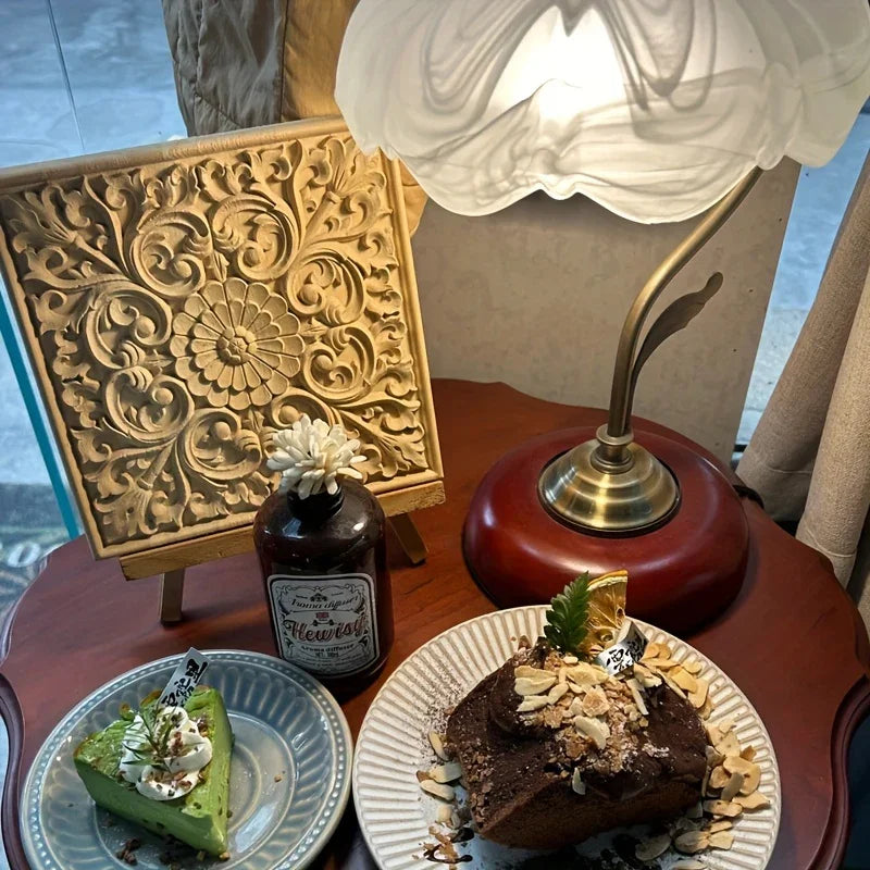 Natural wood square wall art, intricate floral carvings, solid rubberwood - House of Avana