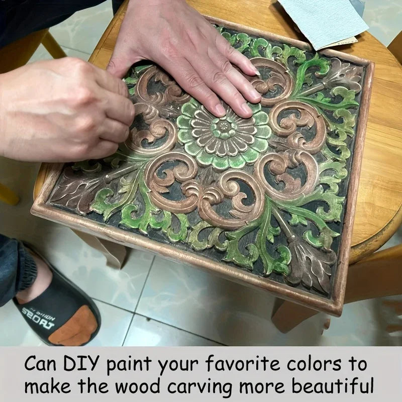 Natural wood square wall art, intricate floral carvings, solid rubberwood - House of Avana