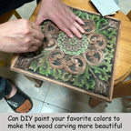 Natural wood square wall art, intricate floral carvings, solid rubberwood - House of Avana