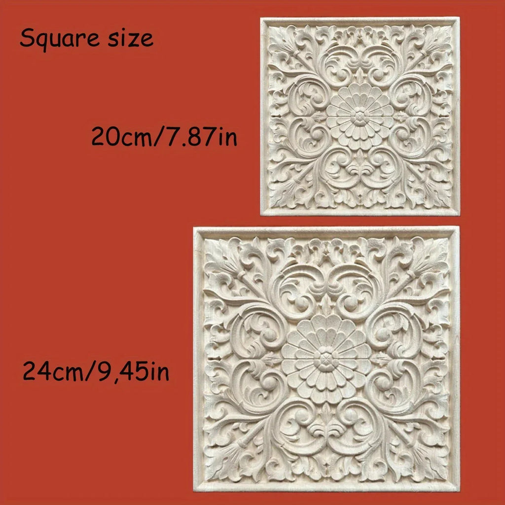 Natural wood square wall art, intricate floral carvings, solid rubberwood - House of Avana
