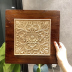 Natural wood square wall art, intricate floral carvings, solid rubberwood - House of Avana