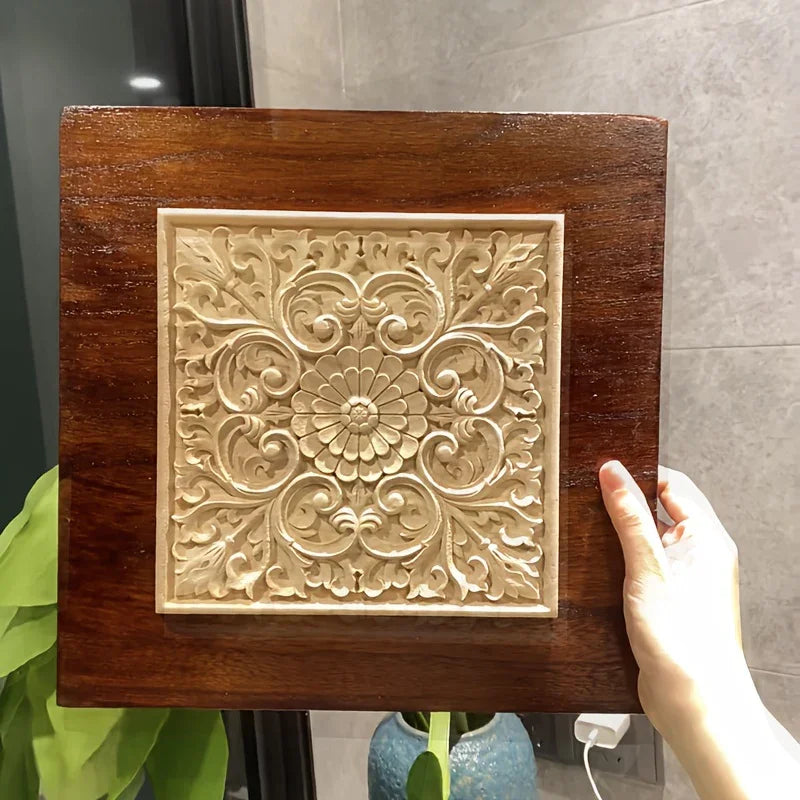 Natural wood square wall art, intricate floral carvings, solid rubberwood - House of Avana