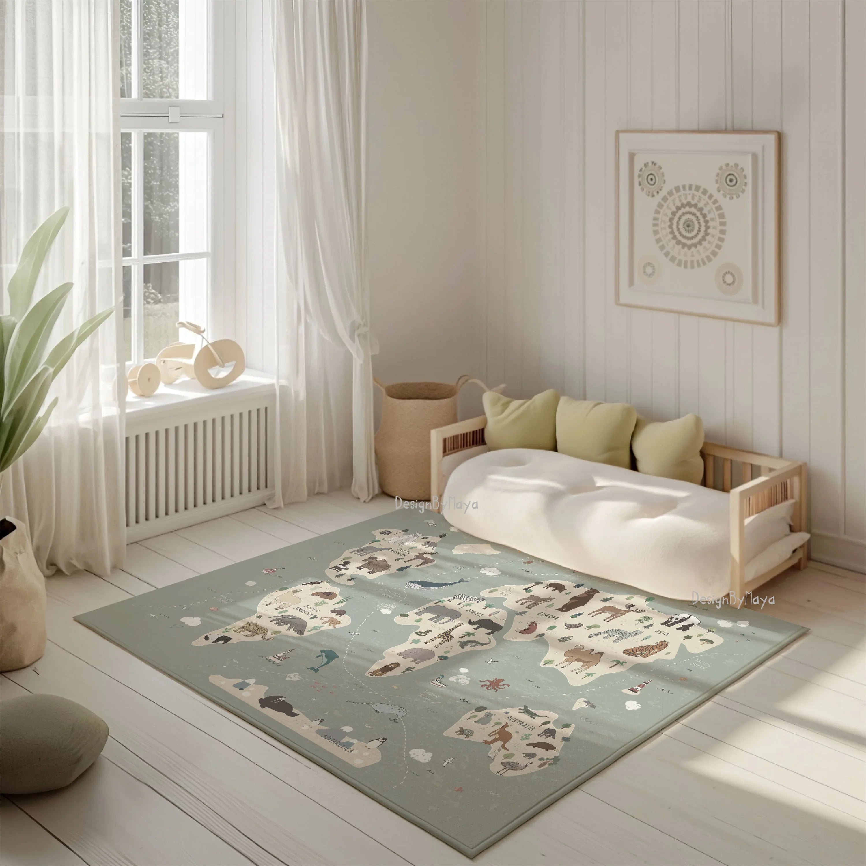 Baby Animals Abc Rug / World Map Area Rug, angled view - House Of Avana