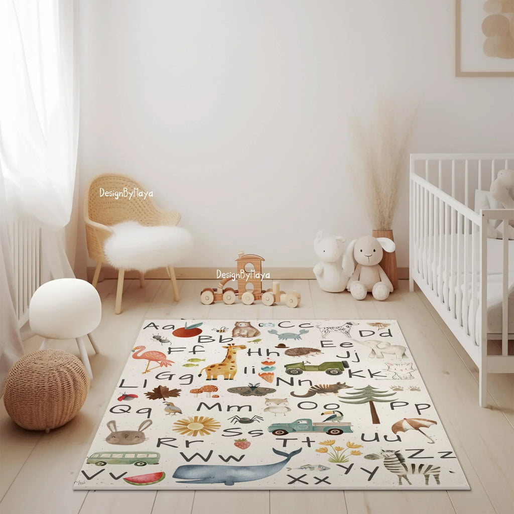 Baby Animals Abc Rug / World Map Area Rug, front view - House Of Avana
