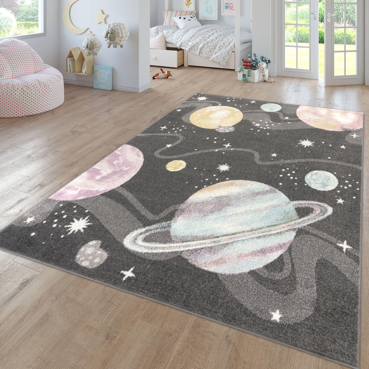 Kids Rug Nino Space with Pastel Colored Planets Stars in Anthracite, front view - House Of Avana