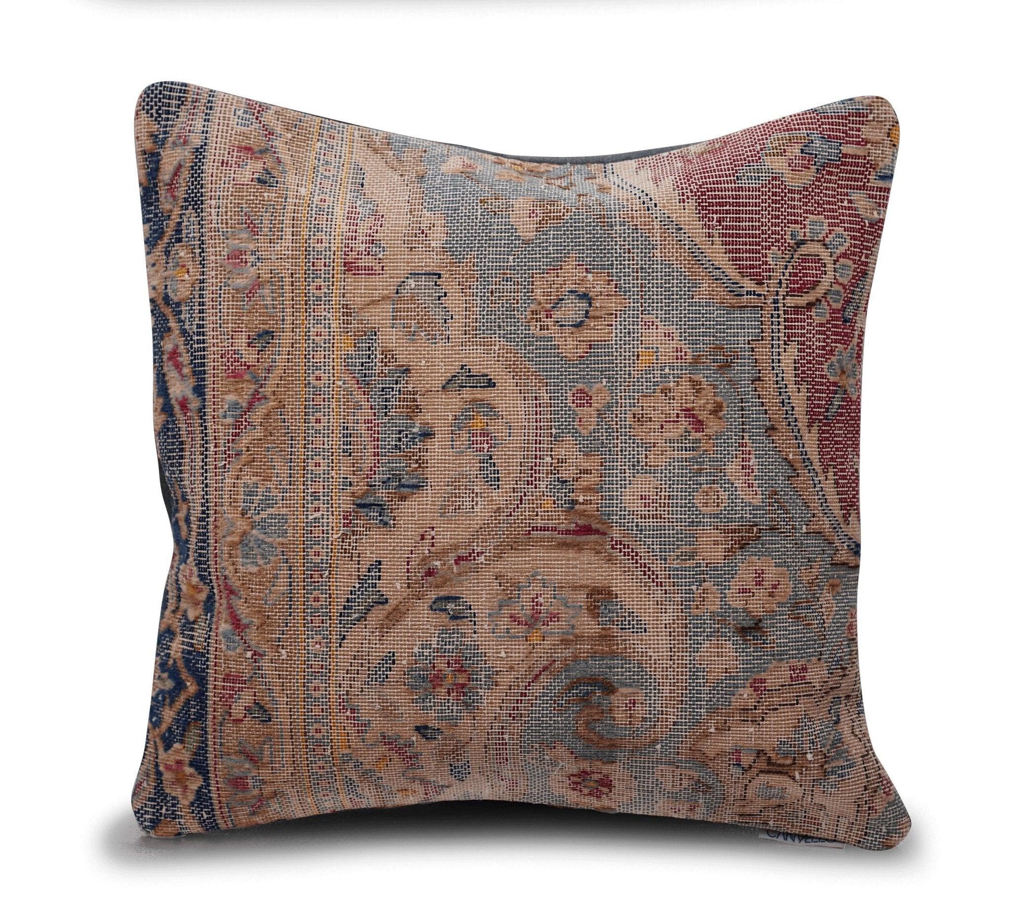 Canvello Antique Handmade Kerman Rug Pillow - 18"x18", front view - House Of Avana
