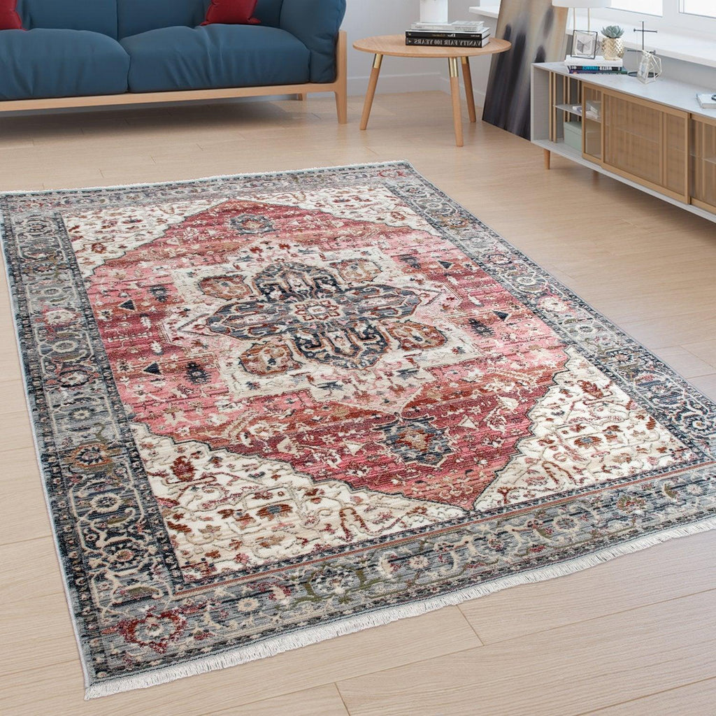 Rug, Short-Pile For Living Rooms, With Oriental Design And Border In Pink, Colourful RugYourHome