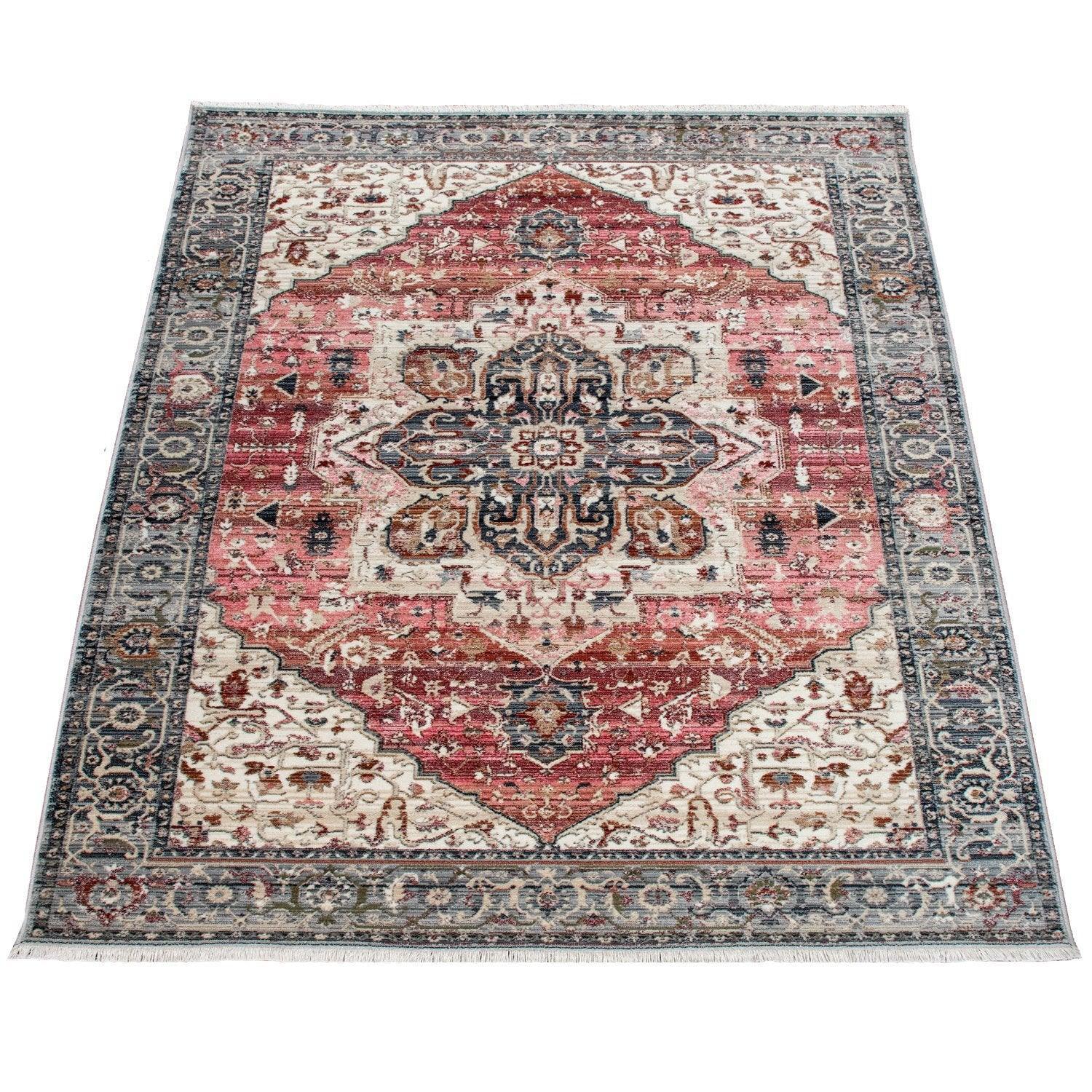 Rug, Short-Pile For Living Rooms, With Oriental Design And Border In Pink, Colourful RugYourHome