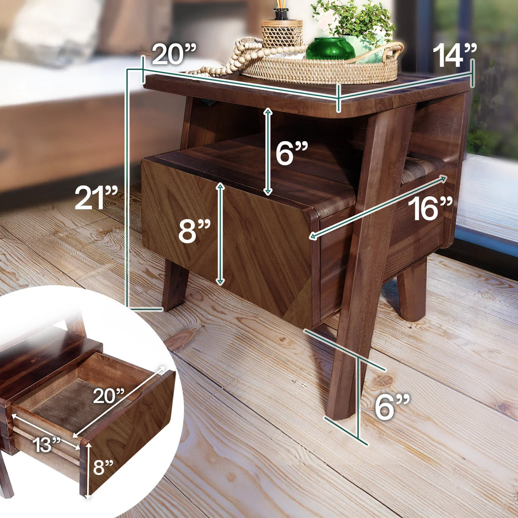 Rum Handcrafted Solid Wood Nightstand Megsu