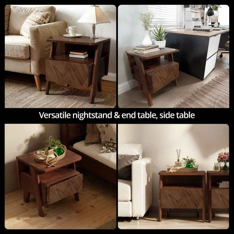 Rum Handcrafted Solid Wood Nightstand Megsu