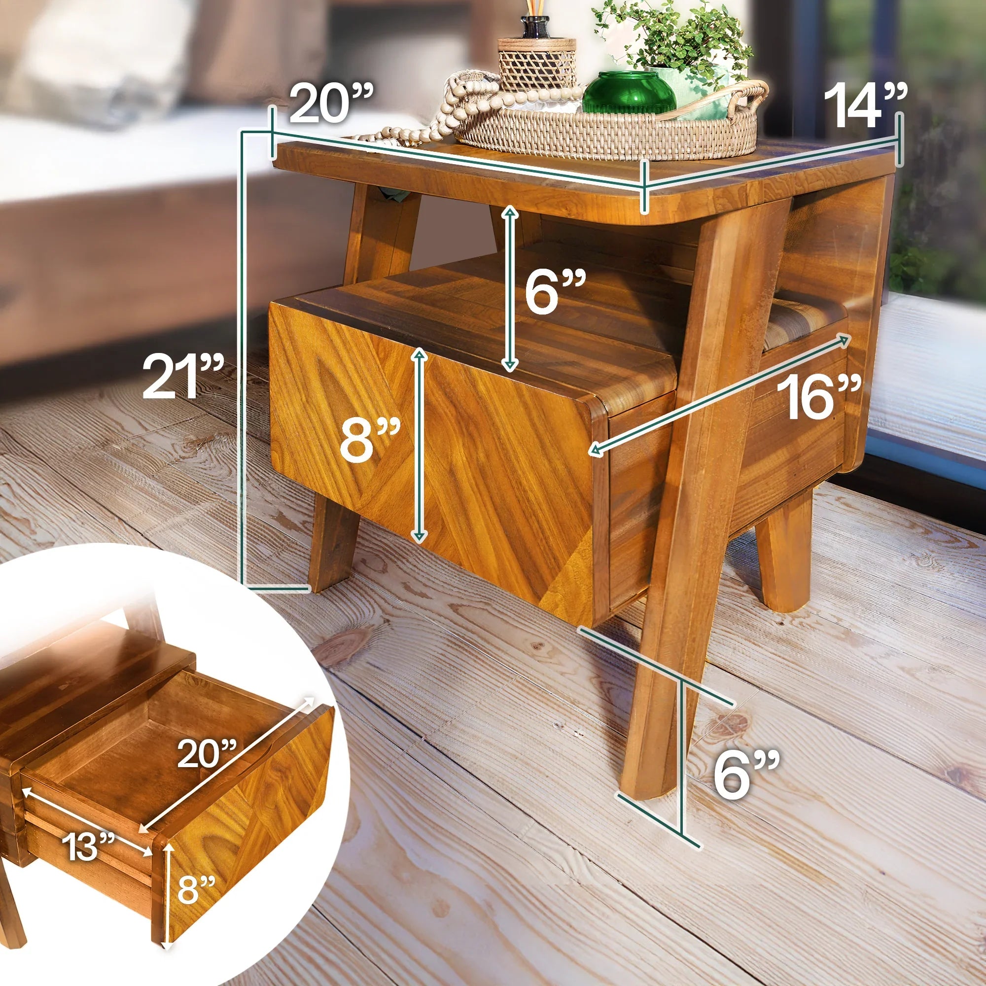 Rum Handcrafted Solid Wood Nightstand Megsu