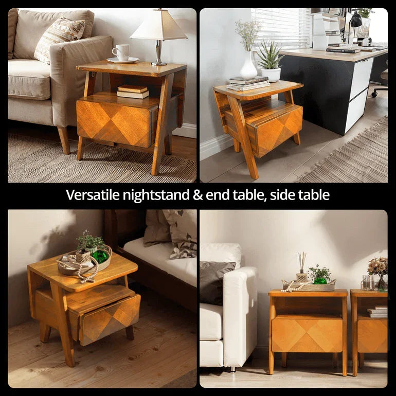 Rum Handcrafted Solid Wood Nightstand Megsu