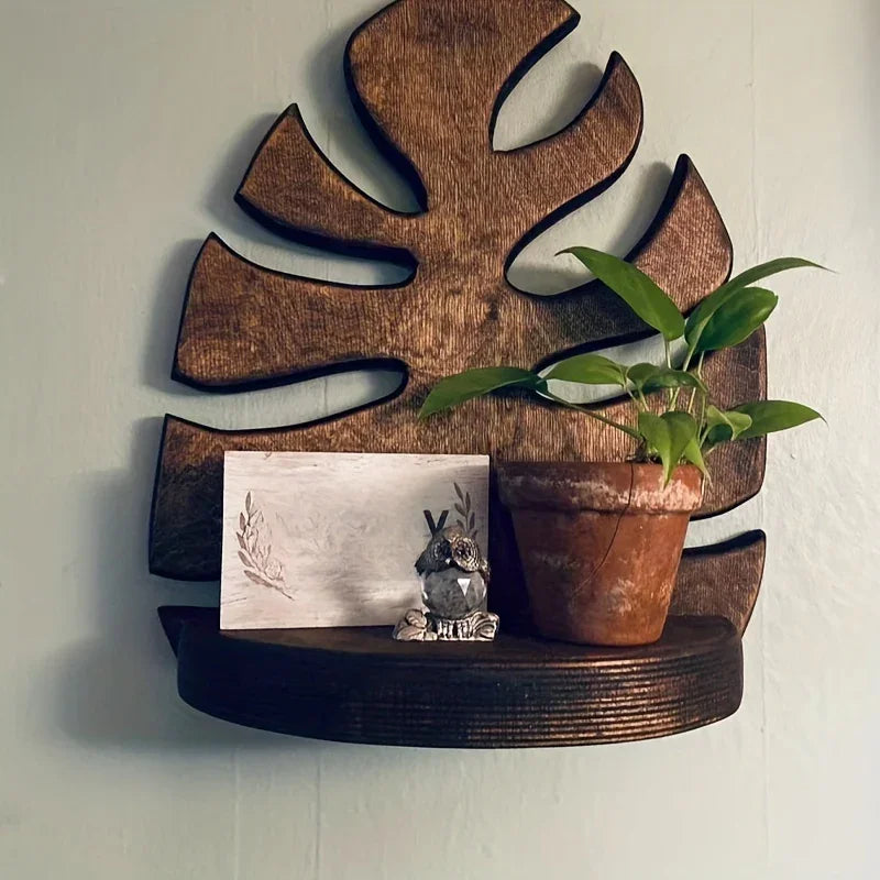 Rustic natural wood wall shelf with leaf design, easy mounting - House of Avana