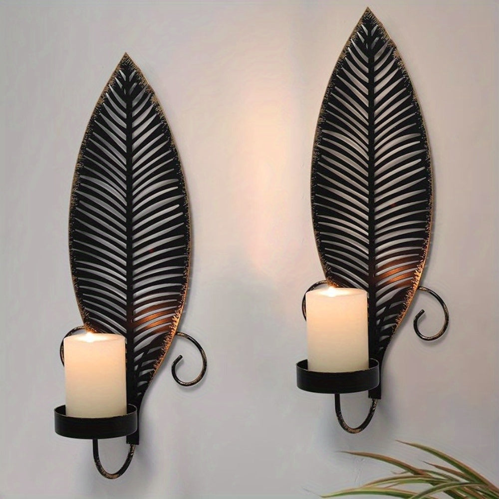 [Rustic Leaf Wall Sconces] 2pcs Rustic Farmhouse Metal Leaf Wall Sconces Candle Holders - Golden Leaf Design, Durable Metal Construction, Easy Installation for Living Room, Bedroom, Hallway - Perfect for Christmas, Halloween, House Of Avana