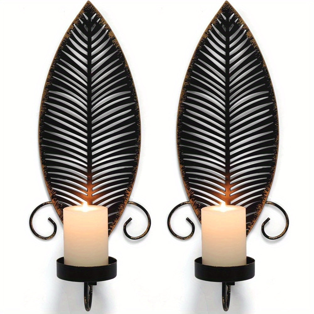 [Rustic Leaf Wall Sconces] 2pcs Rustic Farmhouse Metal Leaf Wall Sconces Candle Holders - Golden Leaf Design, Durable Metal Construction, Easy Installation for Living Room, Bedroom, Hallway - Perfect for Christmas, Halloween, House Of Avana