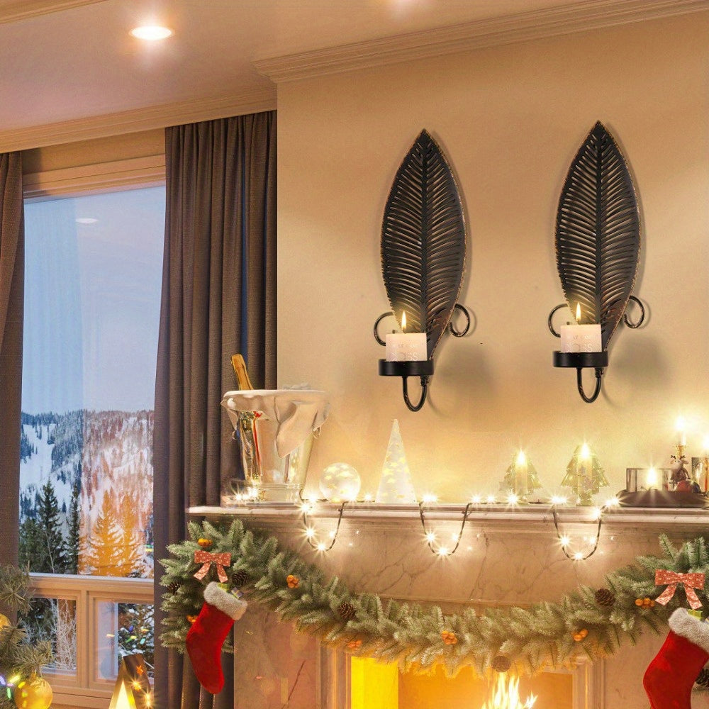 [Rustic Leaf Wall Sconces] 2pcs Rustic Farmhouse Metal Leaf Wall Sconces Candle Holders - Golden Leaf Design, Durable Metal Construction, Easy Installation for Living Room, Bedroom, Hallway - Perfect for Christmas, Halloween, House Of Avana