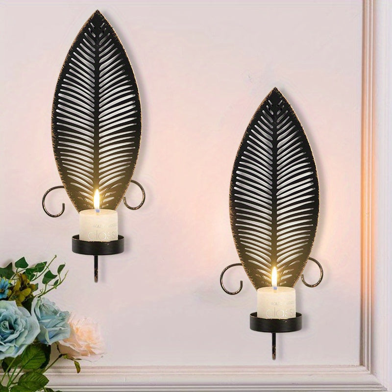 [Rustic Leaf Wall Sconces] 2pcs Rustic Farmhouse Metal Leaf Wall Sconces Candle Holders - Golden Leaf Design, Durable Metal Construction, Easy Installation for Living Room, Bedroom, Hallway - Perfect for Christmas, Halloween, House Of Avana